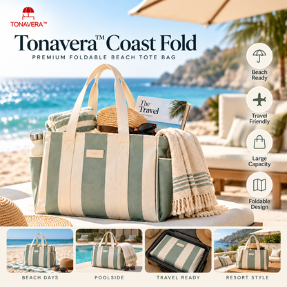 Tonavera™ Coast Fold – Premium Foldable Beach Tote Bag, Structured Resort Carryall, Large Sand-Ready Pool & Seaside Travel Bag