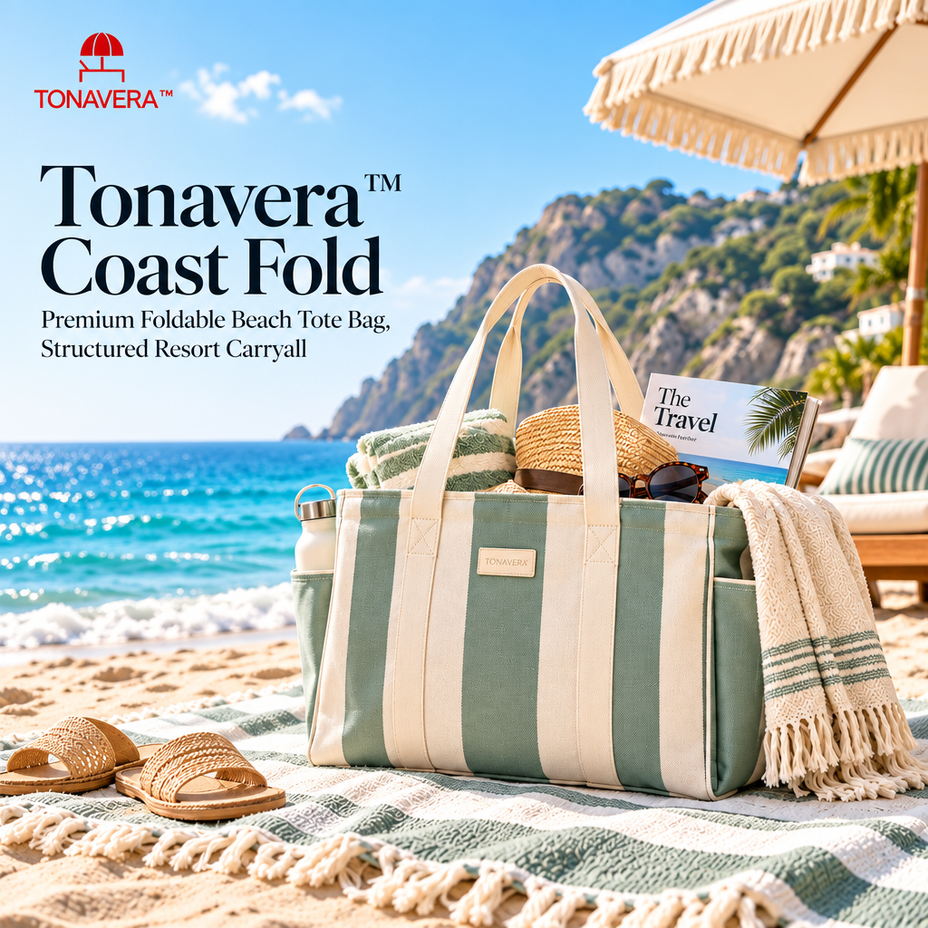 Tonavera™ Coast Fold – Premium Foldable Beach Tote Bag, Structured Resort Carryall, Large Sand-Ready Pool & Seaside Travel Bag