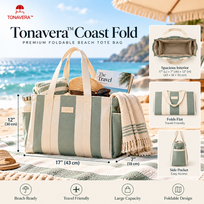 Tonavera™ Coast Fold – Premium Foldable Beach Tote Bag, Structured Resort Carryall, Large Sand-Ready Pool & Seaside Travel Bag