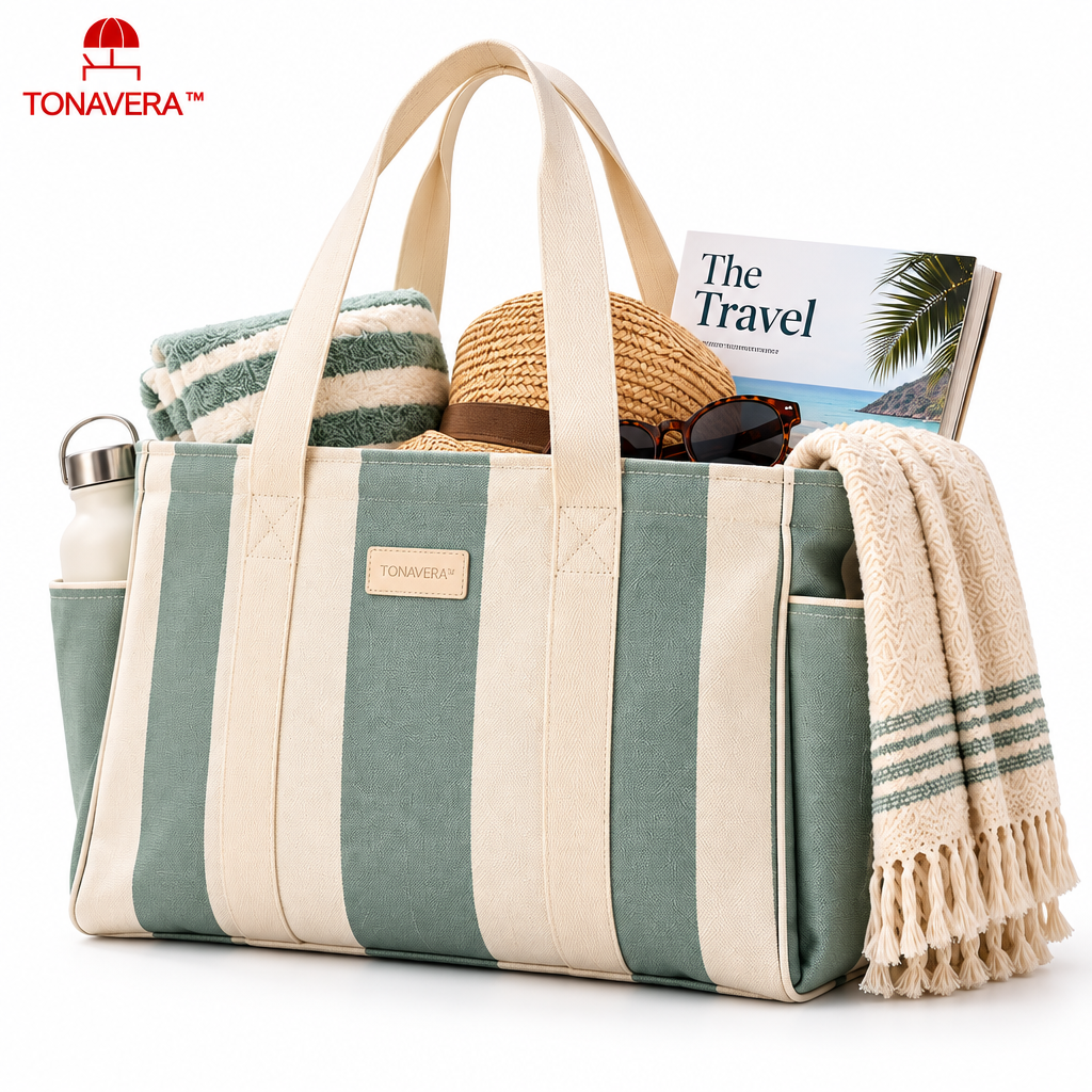 Tonavera™ Coast Fold – Premium Foldable Beach Tote Bag, Structured Resort Carryall, Large Sand-Ready Pool & Seaside Travel Bag